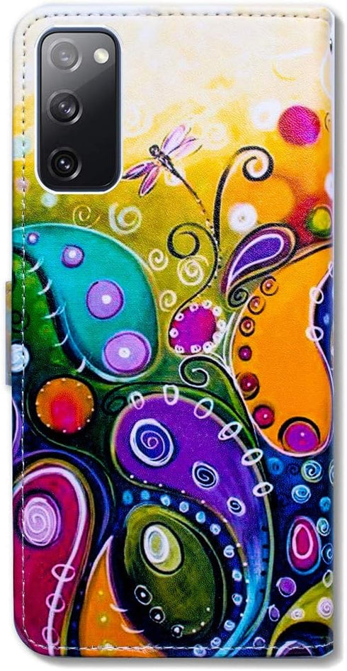Case for Galaxy S20 FE 5G, Colorful Dragonfly Leather Flip Case Wallet Cover with Card Slot Holder Kickstand