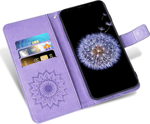 Samsung Galaxy S9 Plus Wallet Case with Tempered Glass Screen Protector, Leather Flip Cover (Purple)