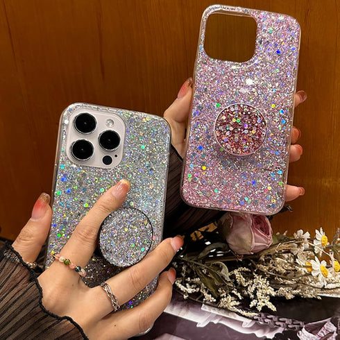 iPhone 15 Pro Max Glitter Bling Case, Pink Sparkle Cover with Ring Stand Holder for 6.7 inch