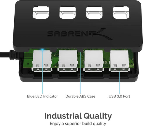 SABRENT 4-Port 3.0 2 (HB-UM43) USB Hub with Individual LED Power Switches - Slim, Portable Design - Ft Cable - Fast
