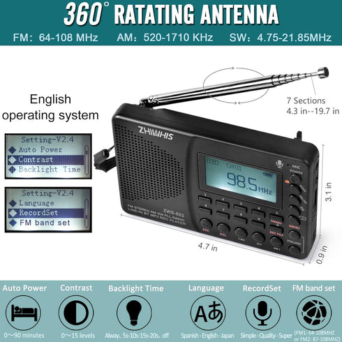 ZHIWHIS Portable Bluetooth Radio, Rechargeable Digital Recorder, FM AM Shortwave, Stereo MP3 Player with Lyric Display