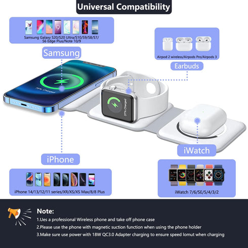 3 in 1 Magnetic Foldable Wireless Charger, Travel Charging Station for Multiple Apple Devices, Adapter Not Included