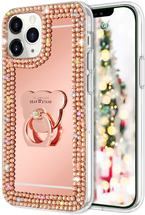 LUVI Bling Diamond Glitter Mirror Case for iPhone 12/iPhone 12 Pro 6.1 inch with Bear Ring Holder Kickstand, Rose Gold