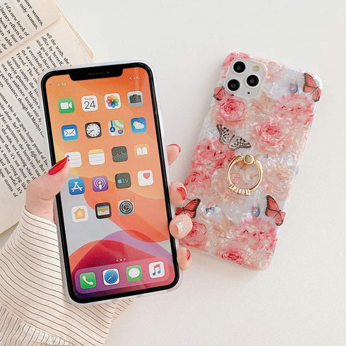 Qokey iPhone Xs Max Case 6.5 inch, Clear Flower Design with 360 Degree Rotating Ring Stand Holder - Rose Butterfly