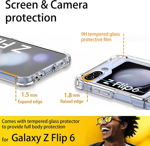for Samsung Galaxy Z Flip 6 Clear Case with Tempered Glass Screen Protector, Slim Fit Shockproof Cover