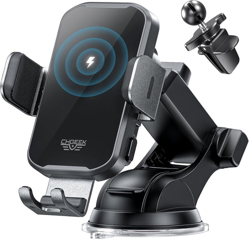 CHGeek Wireless Car Charger Phone Holder Mount, 15W Fast Charging Auto Clamping for iPhone, Samsung Galaxy, Google Pixel