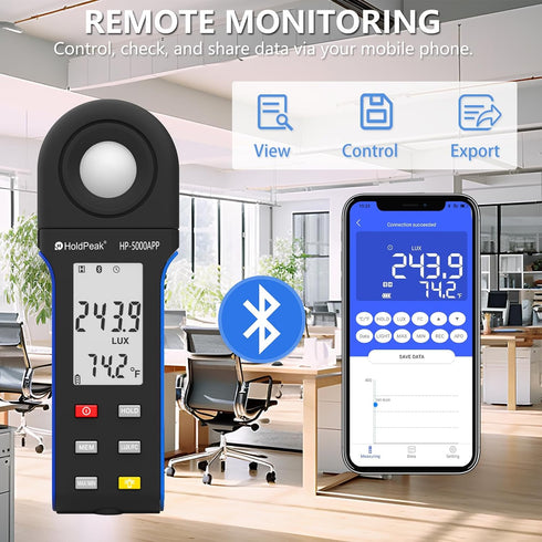 HoldPeak Illuminance Light Meter with Bluetooth, Digital Lux Foot Candles Meter, Lumen Meter for Plants, Home & Office