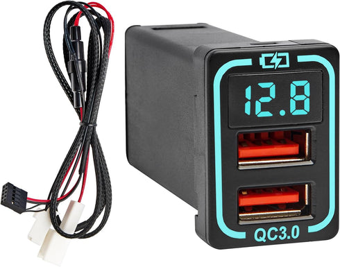 Anina QC3.0 USB Car Charger for Toyota - 18W Dual USB Port Powered by Cigarette Lighter, Digital Voltmeter, Flush Mount