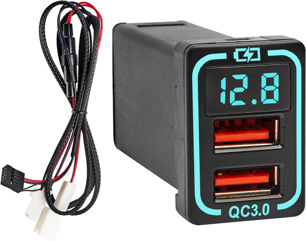Anina QC3.0 USB Car Charger for Toyota - 18W Dual USB Port Powered by Cigarette Lighter, Digital Voltmeter, Flush Mount