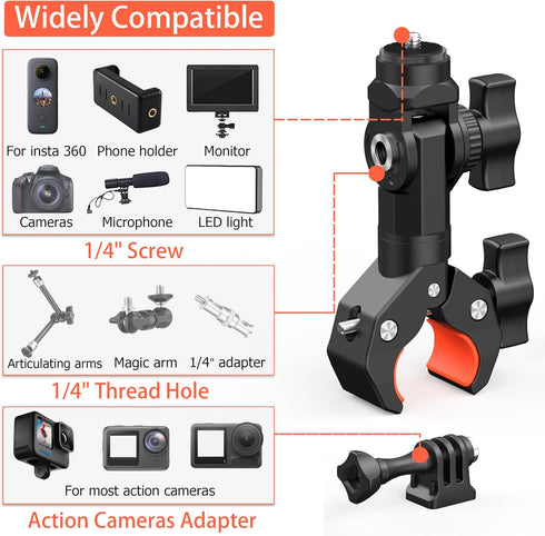 Bike Motorcycle Handlebar Action Camera Mount Holder for Gopro, Insta360, AKASO, Super Clamp Bracket