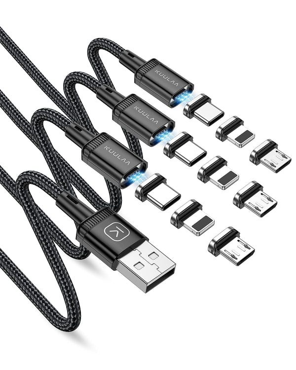 Kuulaa 3-Pack Magnetic Lightning Charging Cable, 3A Fast Charging, Nylon-Braided, 3-in-1 Tips, Compatible with All