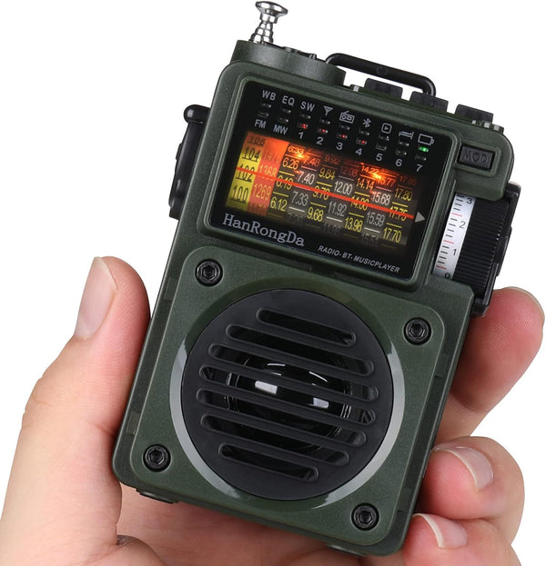 HanRongDa Shortwave Radio, Bluetooth Speaker with MicroSD, FM MW WB SW Receiver, NOAA Alerts, Rechargeable Retro Analog