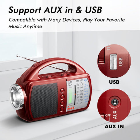 Weather Radio Portable AM FM Radio with Bluetooth, Rechargeable Emergency Radio, Built-in Rechargeable Battery or 4 AA