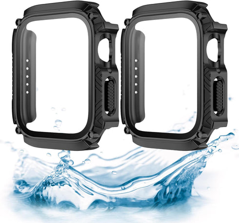 2-Pack Waterproof Case for Apple Watch Series 9 8 7, Ultra-Thin Tempered Glass Screen Protector for 45mm, Black