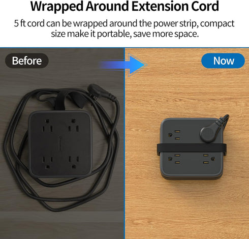 NTONPOWER Flat Plug Power Strip - 5 ft Extension Cord with 8 Outlets, 3 USB, Overload Protection