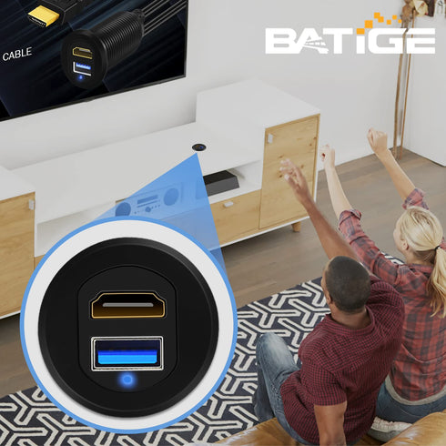 BATIGE USB 3.0 HDMI Car Mount Flush USB Port Cable, Alloy Shell Dash Panel Extension Cable with LED Indicator, 3ft