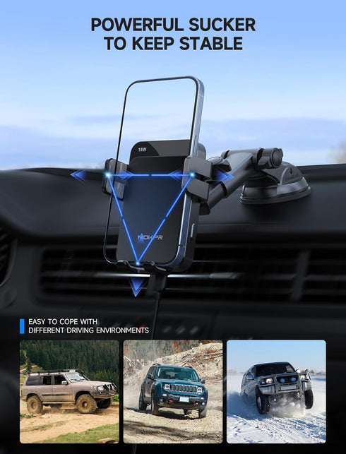 MOKPR 15W 16 15 14/13/13 Pro/12 pro/12/11/X/8, S24/S23/S22 Wireless Car Charger, Auto Clamping Car Charger Dash