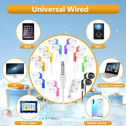 30 Packs Kids Earbud Headphones Bulk, Wired Earphones with 3.5 mm Jack, Multi-Colored for Classroom and School