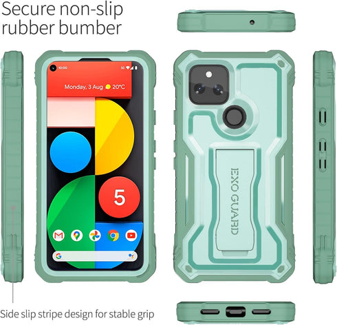 ExoGuard Google Pixel 5 Case, Rubber Shockproof Full-Body Cover with Built-in Screen Protector and Kickstand (Green)