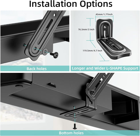 Soundbar Mount Bracket for Most Sound Bars Up to 20 Lbs, Adjustable Extension Plates and L-Shaped Hooks