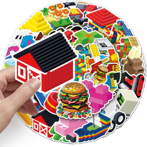 Dslalaly 51 PCS Reusable Cartoon Building Block Stickers - Waterproof Decals for Water Bottles, Laptops & Scrapbooking
