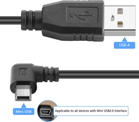 PASOW Mini USB Charging Cable 11.5FT, USB 2.0 A-Male to Mini-B Car Charger Adapter for Dash Cam, Left Angle