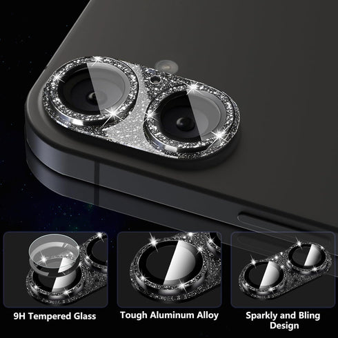 ShinKin 16/iPhone 16 9H 16/iPhone 16 Camera Lens Protector for iPhone Plus, Bling Glitter Camera Cover with Tempered