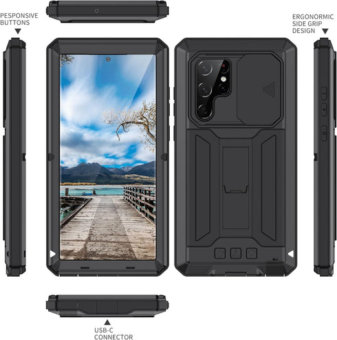Samsung Galaxy S22 Ultra 5G Case, Heavy Duty Aluminum Metal Gorilla Glass Waterproof Shockproof Protector Cover