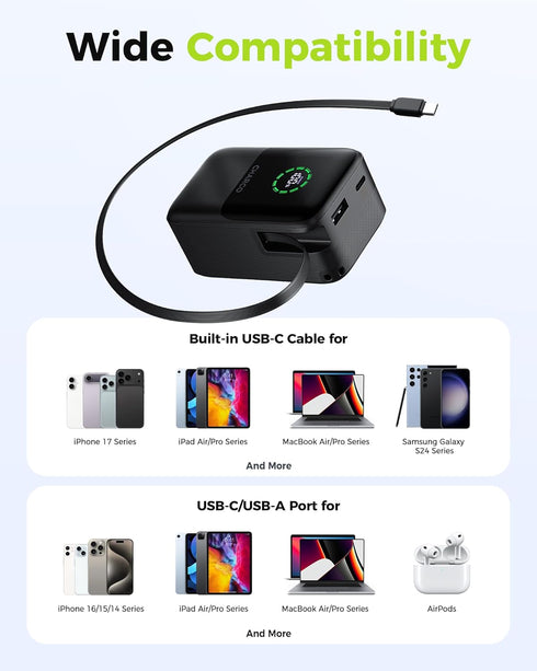 CHARCO 45W, 10000mAh Pack 17/16 Portable Charger Power Bank Fast Charging Battery Charger Portable with Retractable USB