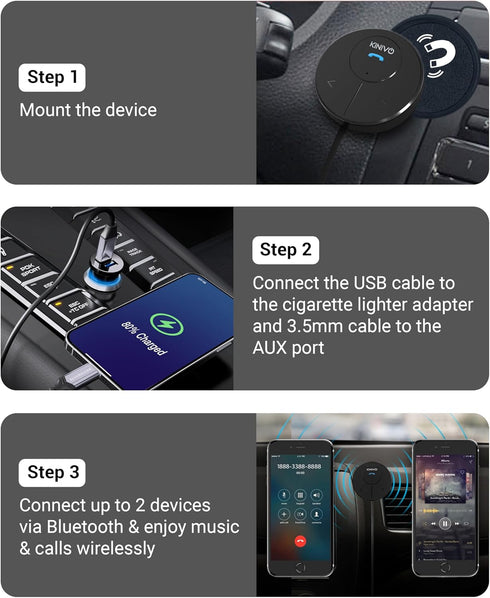 Kinivo BTC480 Hands-Free Bluetooth Car Kit with Magnetic Mount, Dual-Port USB Charger, Multi-Point Connectivity for Cars