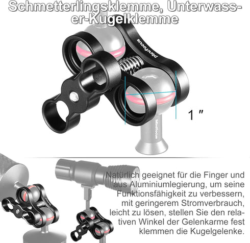 MINIFOCUS 4PCS 1'' Aluminum Ball Clamp Mount for Underwater Diving Light Arms System, 360° Clip Adapter Bracket