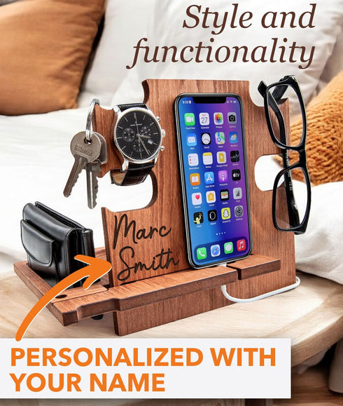 Greta Oto Wood Phone Docking Station for Men | Nightstand Bedside Desk Organizer | Best Personalized Idea for Father's
