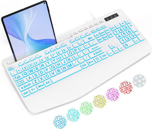 SABLUTE K21Pro Large Print Backlit Computer Keyboards, Wired Lighted USB Keyboards with 7-Color