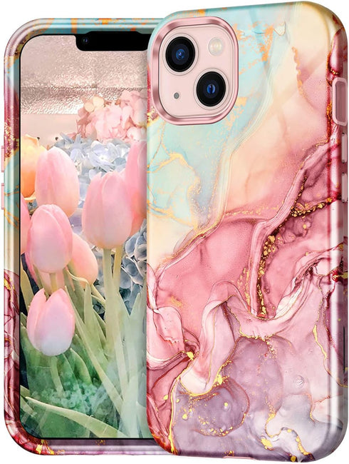 CASEFIV Compatible with iPhone 13 Case, Marble Pattern 3 in 1 Heavy Duty Shockproof Full Body Rugged Hard PC+Soft Silicone Drop Protective Girls Women Cover for iPhone 13 6.1 inch 2021, Rose Gold