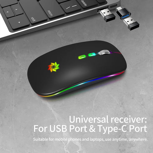 KBCASE LED Wireless Mouse, Slim Silent 2.4G Rechargeable for Laptop, MacBook, iPad, Chromebook, USB & Type-C Receiver