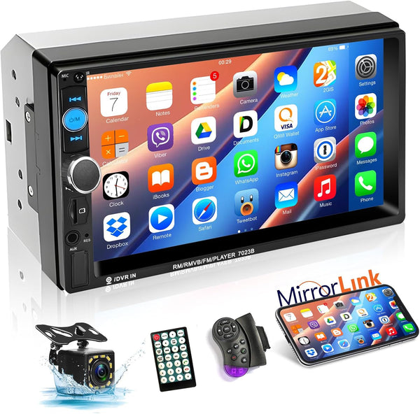 Podofo Double Din Bluetooth Car Stereo with Backup Camera, 7" Touch Screen, MP5 Player, Bluetooth Hands-Free Call