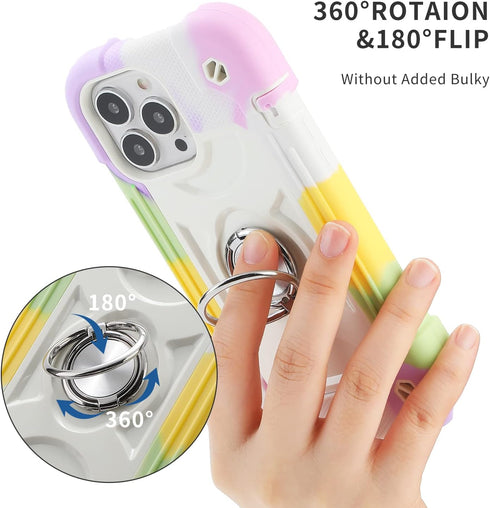 iPhone 13 Pro Max Case with Ring Stand, Heavy-Duty Shockproof Cover, 2 Pack Glass Screen Protector, Rainbow White