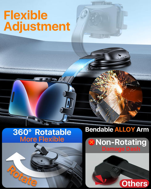 HTU 17 16 15 14 13 12 Upgraded Strongest Suction Car Phone Holder Bendable Arm, Never Block View Rotatable Cellphone