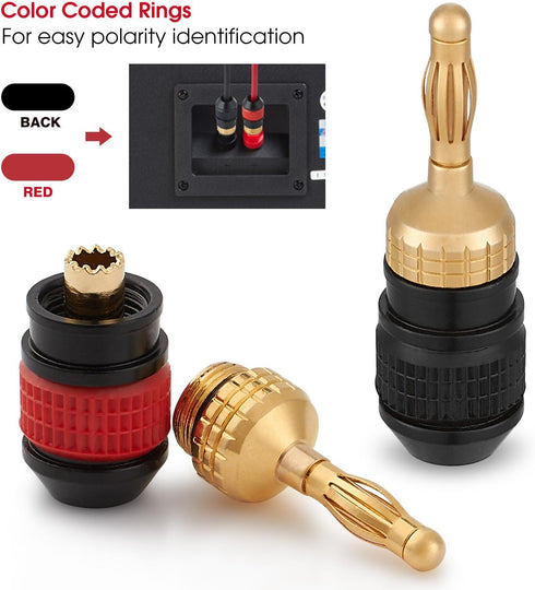 WGGE WG-008 24K Gold Safety Speaker Connector Banana Plugs for Speaker Wire, 12 Pairs