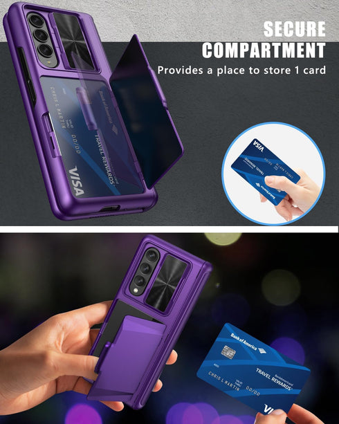 Vihibii Case for Samsung Galaxy Z Fold 4 5G with Card Holder, Sliding Camera Lens Cover, Hinge Protection, Dark Purple