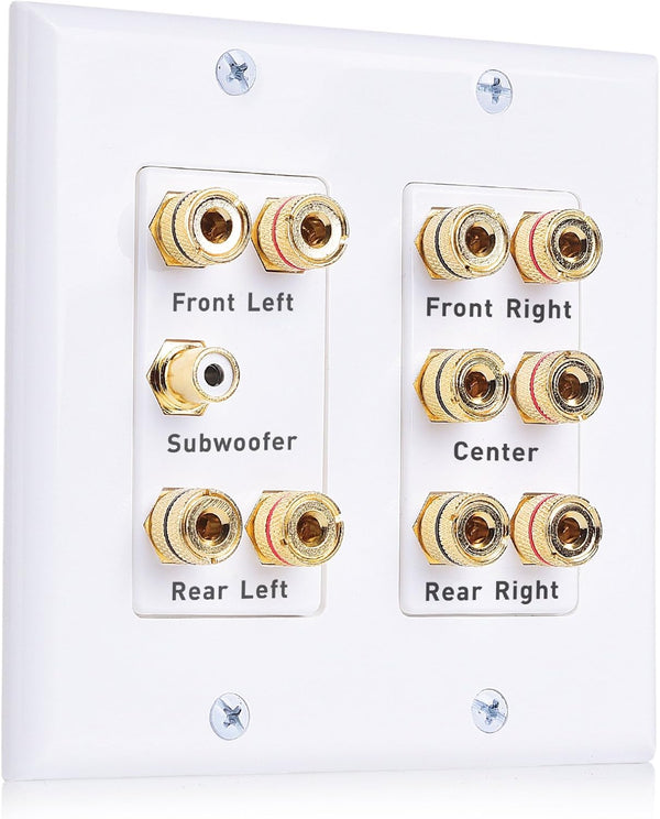 Cable Matters Double Gang 5.1 Speaker Wall Plate in White - Home Theater Wall Plate, Banana Plug