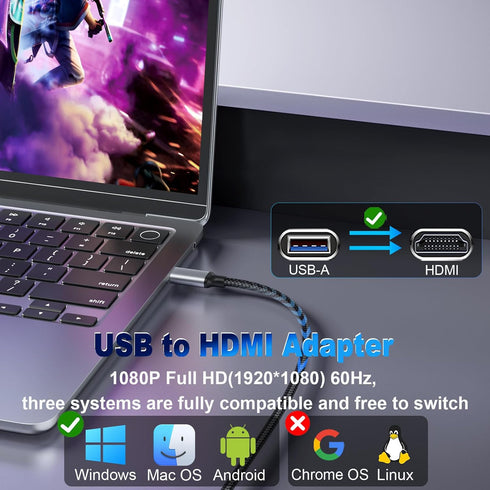 THANDBLE 6FT, 1080P 60Hz 3.0 7/8/10/11 USB to HDMI Adapter Cable USB A to HDMI Adapter for Monitor, TV, Projector