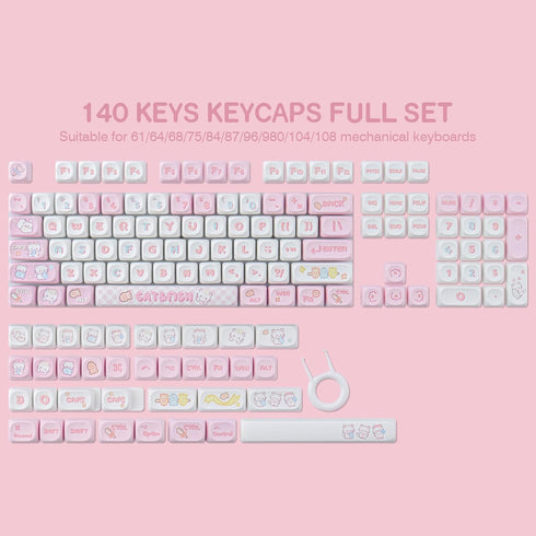 PBT Cute Kitty-cat Keycaps Set - 140 Keys Dye-Sublimation MOA Profile for Cherry Gateron MX Switches