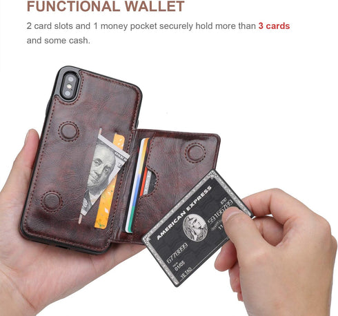 KIHUWEY Wallet Case for iPhone Xs Max - Leather Kickstand with Credit Card Holder, Shockproof Protective Cover (Brown)