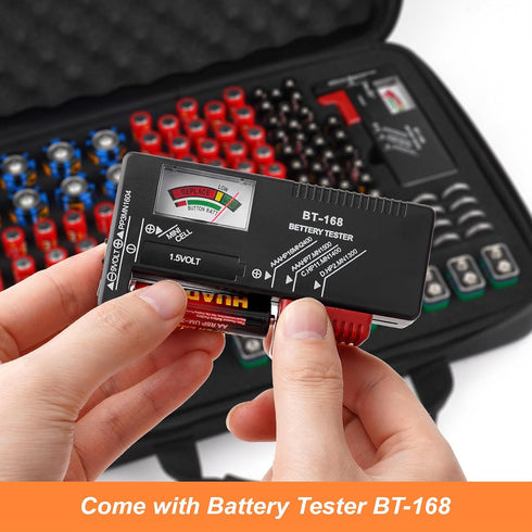 Battery Organizer, Waterproof Battery Organizer Storage Case with Tester BT-168, Battery Holder Box Holds 60+ AA AAA C D 9V Batteries (Batteries are Not Included)