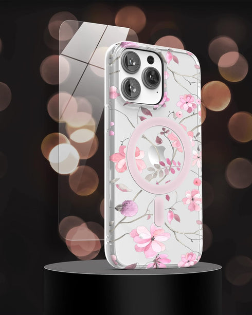 ENCASED Magnetic Case for iPhone 14 PRO with Screen Protector - Compatible with MagSafe Accessories (Pink Flowers)