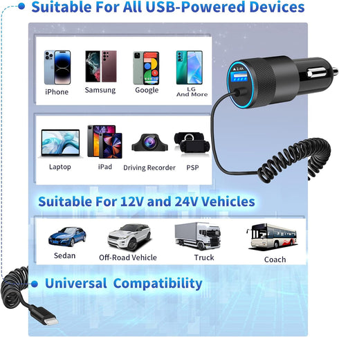 ?MFi Certified?Caiinei iPhone Fast Car Charger, 4.8A Dual USB Power Car Charger with 6FT Coiled Lightning Cable for