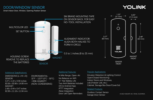 YoLink LoRa Smart Door & Window Sensor: Up to 1/4 Mile Range, Door Left-Open Reminders, 5 Year Battery Life