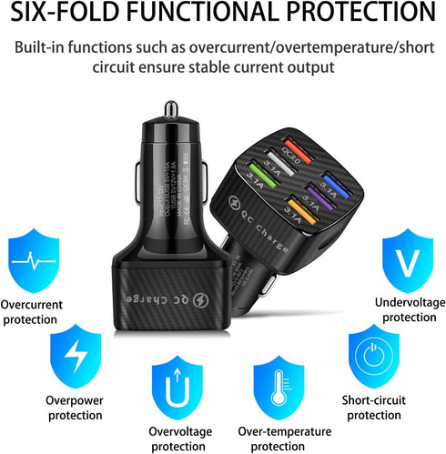 Car Charger Adapter, 6 Ports USB QC3.0 Fast Phone Charger with LED Light Display for All Vehicles