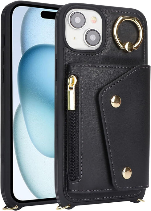 iPhone 15 Plus Case with Card Holder and Strap - Cute Phone Wallet Case for Women, Zipper Pocket, Stand Ring (Black,